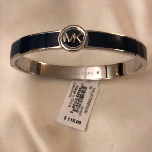 Michael Kors Silver Tone Stainless Steel Navy Blue Enamel Bangle MK Logo NWT Box - Picture 5 of 15